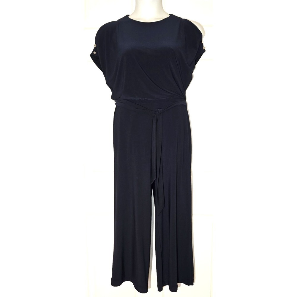Lauren Ralph‎ Lauren Belted Jumpsuit Women's Navy Open Shoulder Sleeve Sz PS